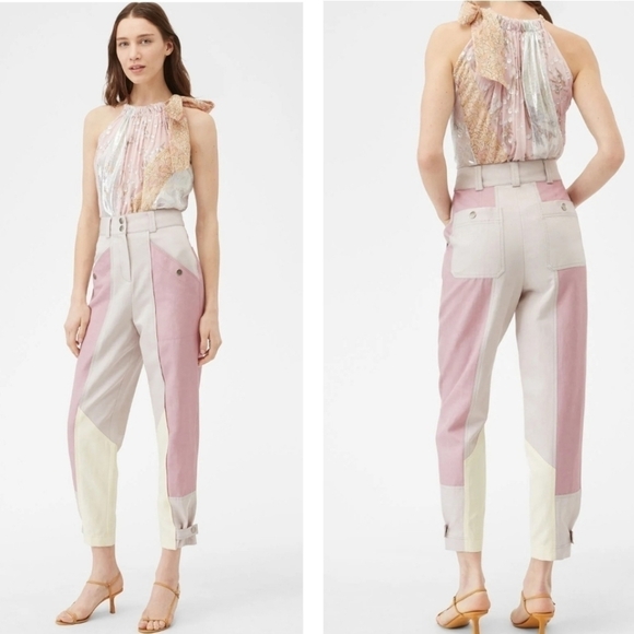 REBECCA TAYLOR COLOR BLOCK TWILL PANT TAPERED LEGS IN MULTI COMBO SIZE 0 - Picture 2 of 16